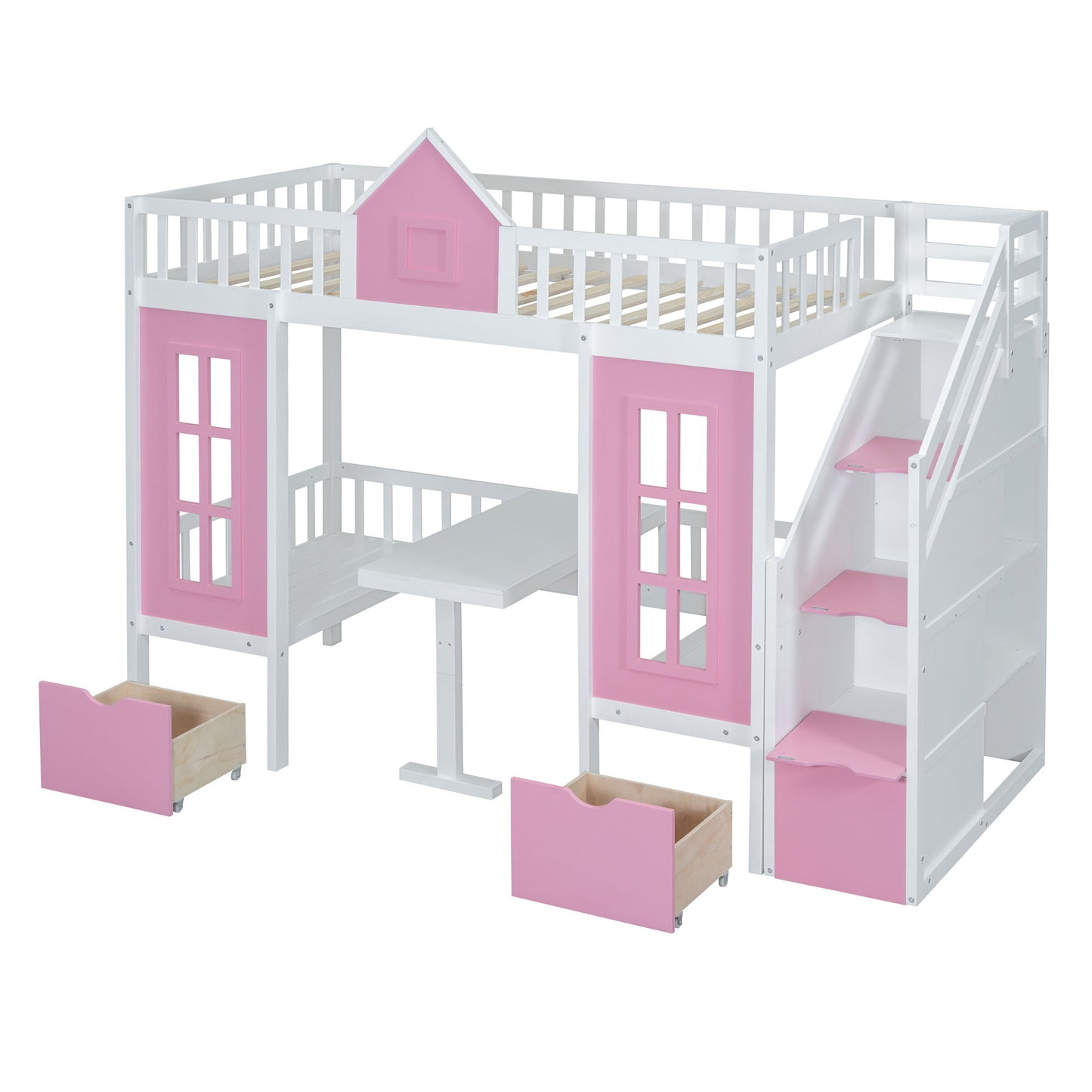 Twin Over Twin Bunk Bed With Changeable Table, Bunk Bed Turn Into Upper Bed And Down Desk - Pink