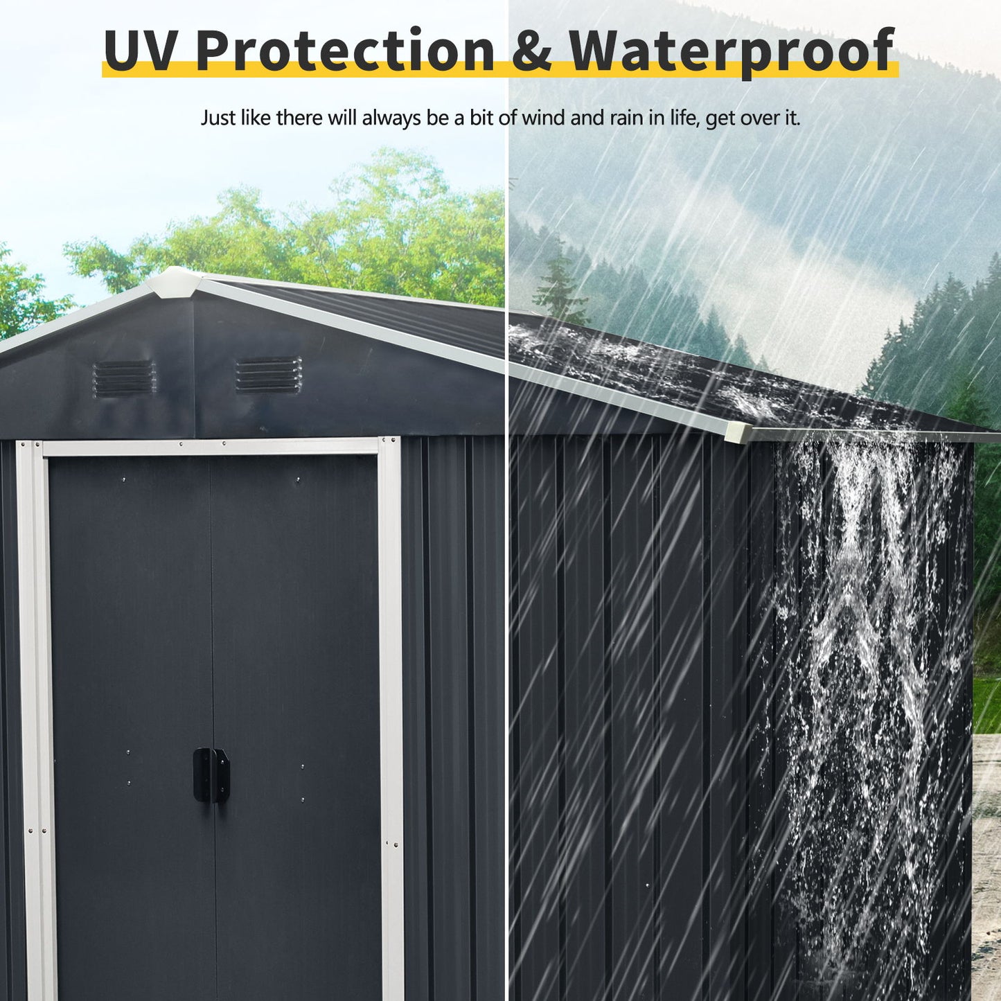 8Ft X 4Ft Outdoor Metal Storage Shed With Sliding Door And Foundation For Backyard, Patio, Lawn - Black / White