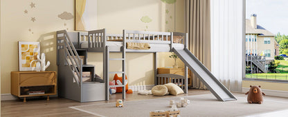 Twin Size Loft Stairway Bed With 2 Drawers And Slide - Gray