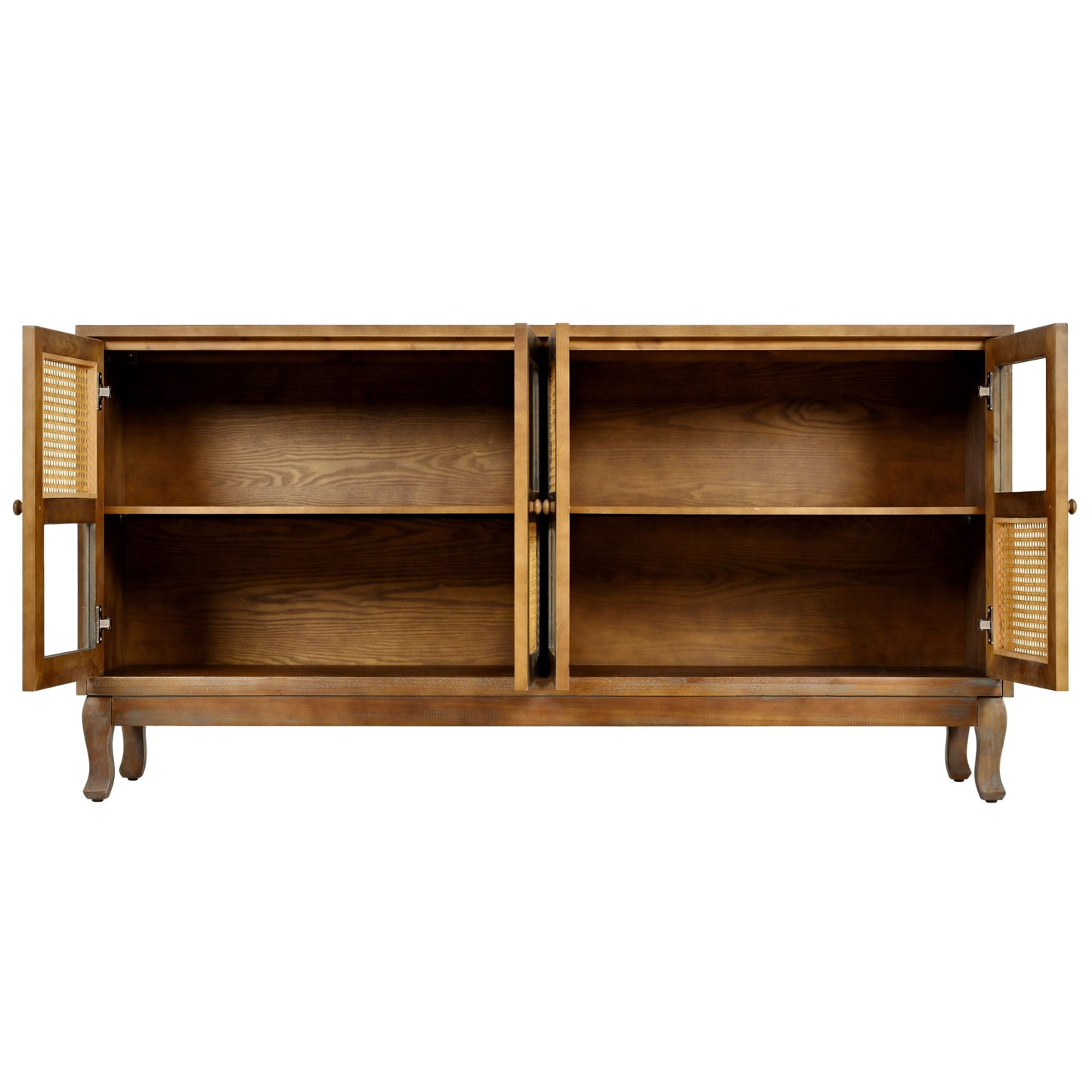 Retro 4 Door Sideboard With Large Storage Space, Artificial Rattan Doors - Transparent Glass - Antique Brown