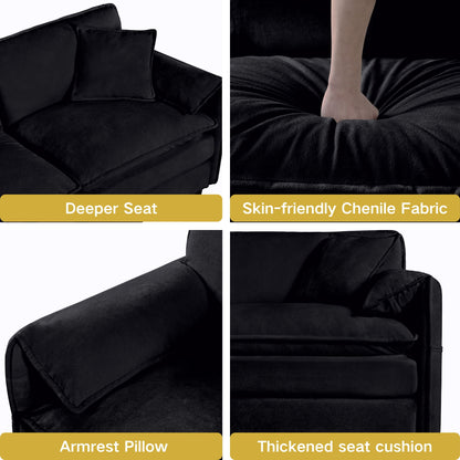 Oversized Deep Seat Luxury 2 Piece Sofa Set, Modern Chenille Comfy Cloud Couches For Living Room Office - Black