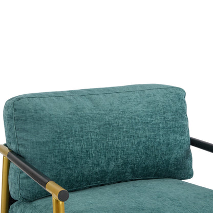 Modern Accent Chair With Plush Cushions, Metal Frame, Wooden Armrests Cozy Seating For Living Room, Bedroom, Office - Gold / Teal Blue