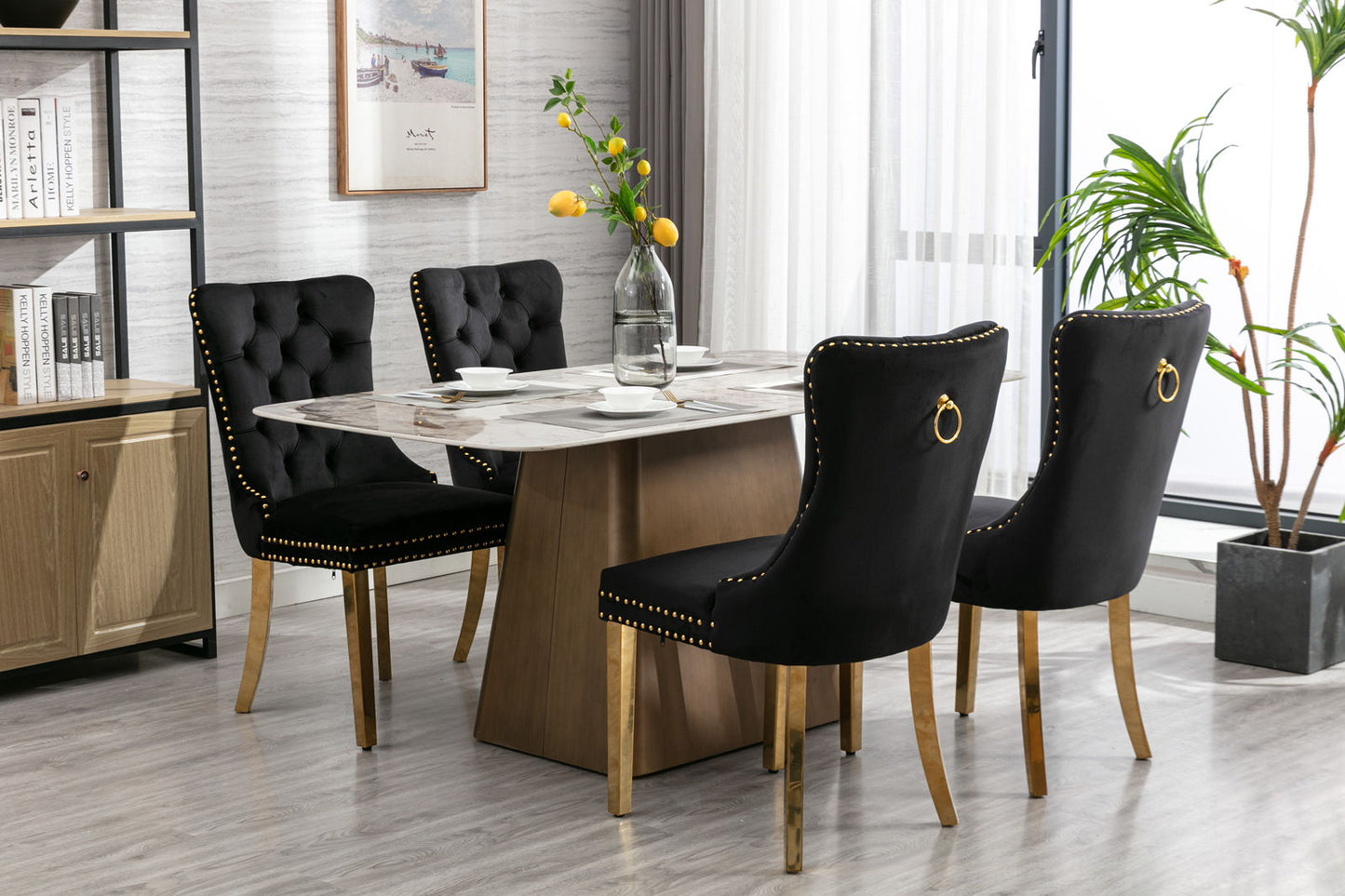 Nikki - Modern, High-End Tufted Solid Wood Contemporary Velvet Upholstered Dining Chair With Golden Stainless Steel Plating Legs, Nailhead Trim (Set of 2) - Black