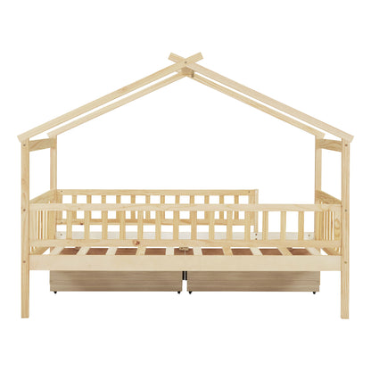 Twin Size House Bed With 2 Drawers - Natural