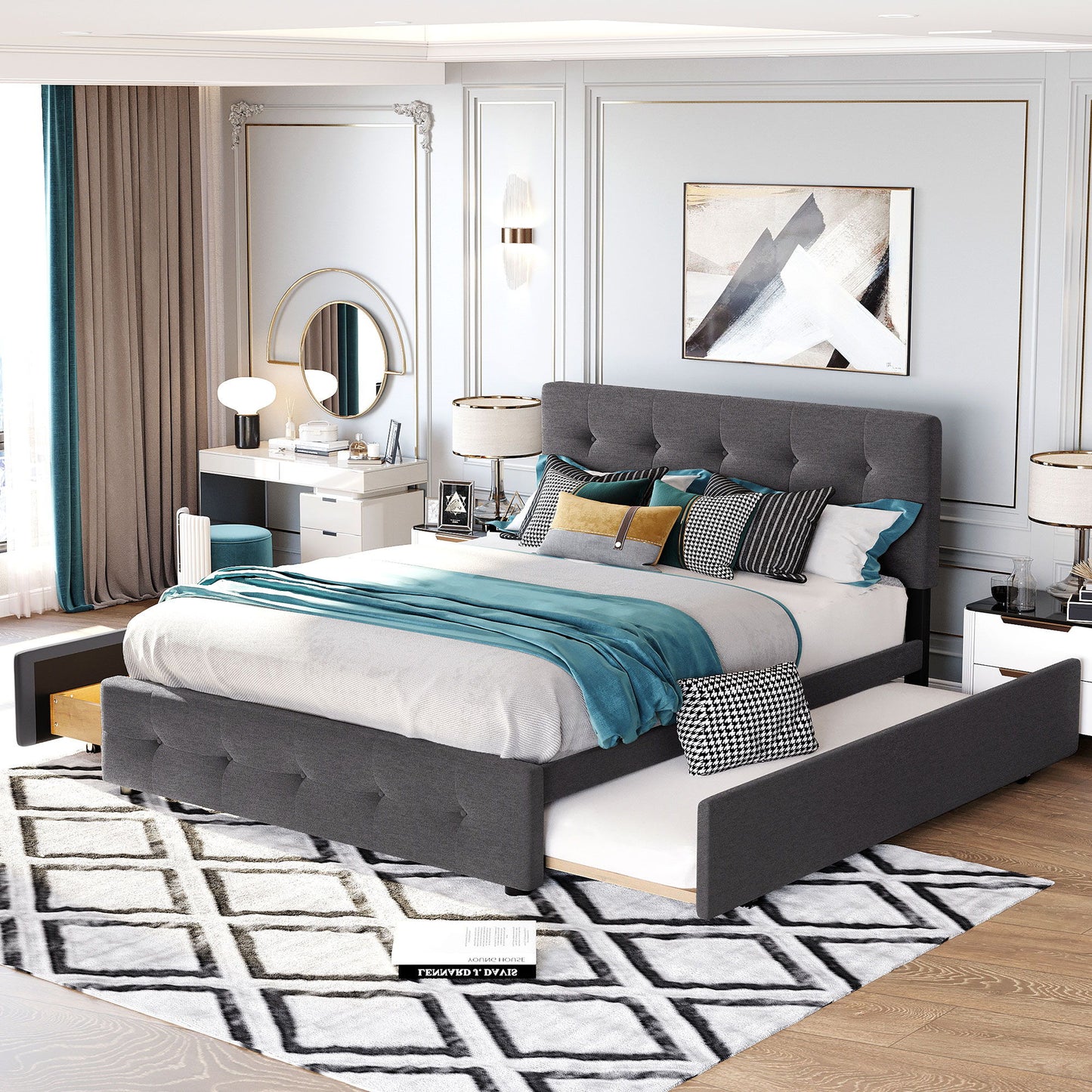 Queen Size Upholstered Platform Bed With 2 Drawers And 1 Twin Long Trundle - Dark Gray