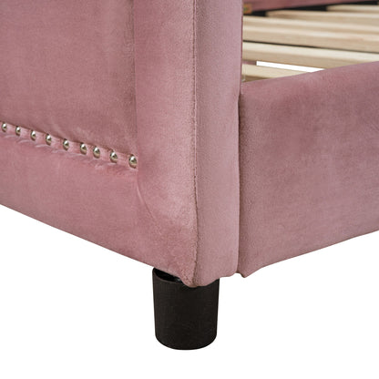 Twin Size Upholstered Daybed With Classic Stripe Shaped Headboard - Pink