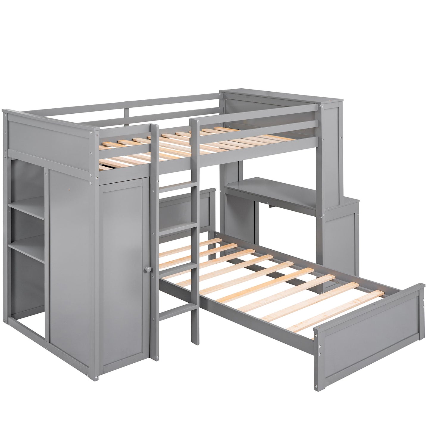 Twin Size Loft Bed With A Stand Alone Bed, Shelves, Desk, And Wardrobe - Gray