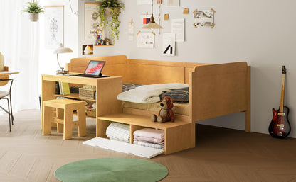 Twin Size Daybed With Storage Shelves And Lockers, Multi Functional Bed With Study Desk And Matching Stool - Natural