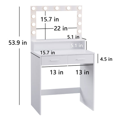 Vanity Desk With Mirror And Lights, Dressing Table With Large Drawer, 2 Level Storage Dresser & 3 Lighting Modes Adjustable Brightness, Suitable For Bedroom - White