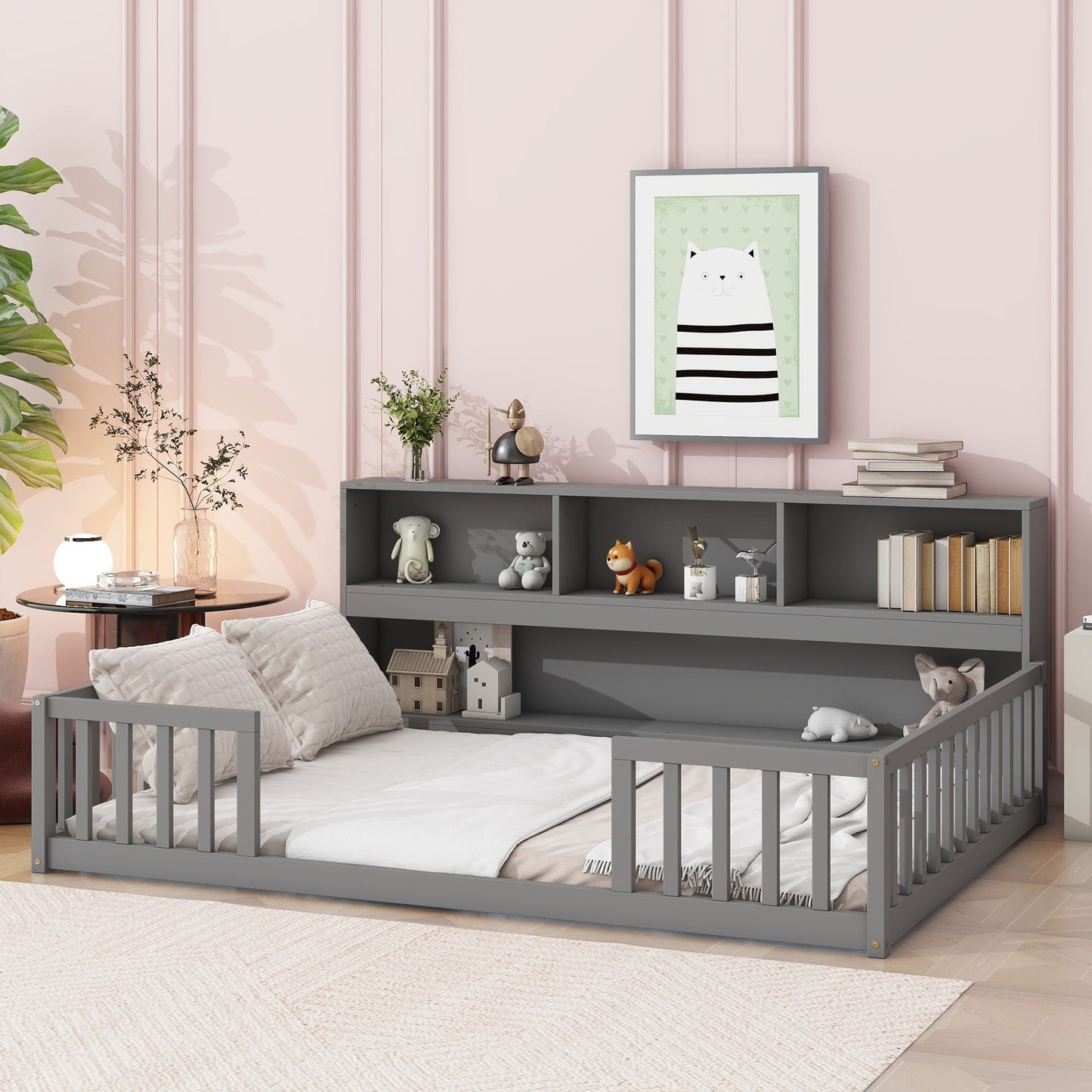 Full Floor Bed With Side Bookcase, Shelves, Guardrails - Gray