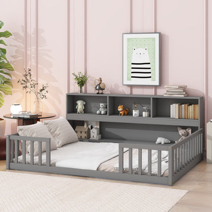 Full Floor Bed With Side Bookcase, Shelves, Guardrails - Gray