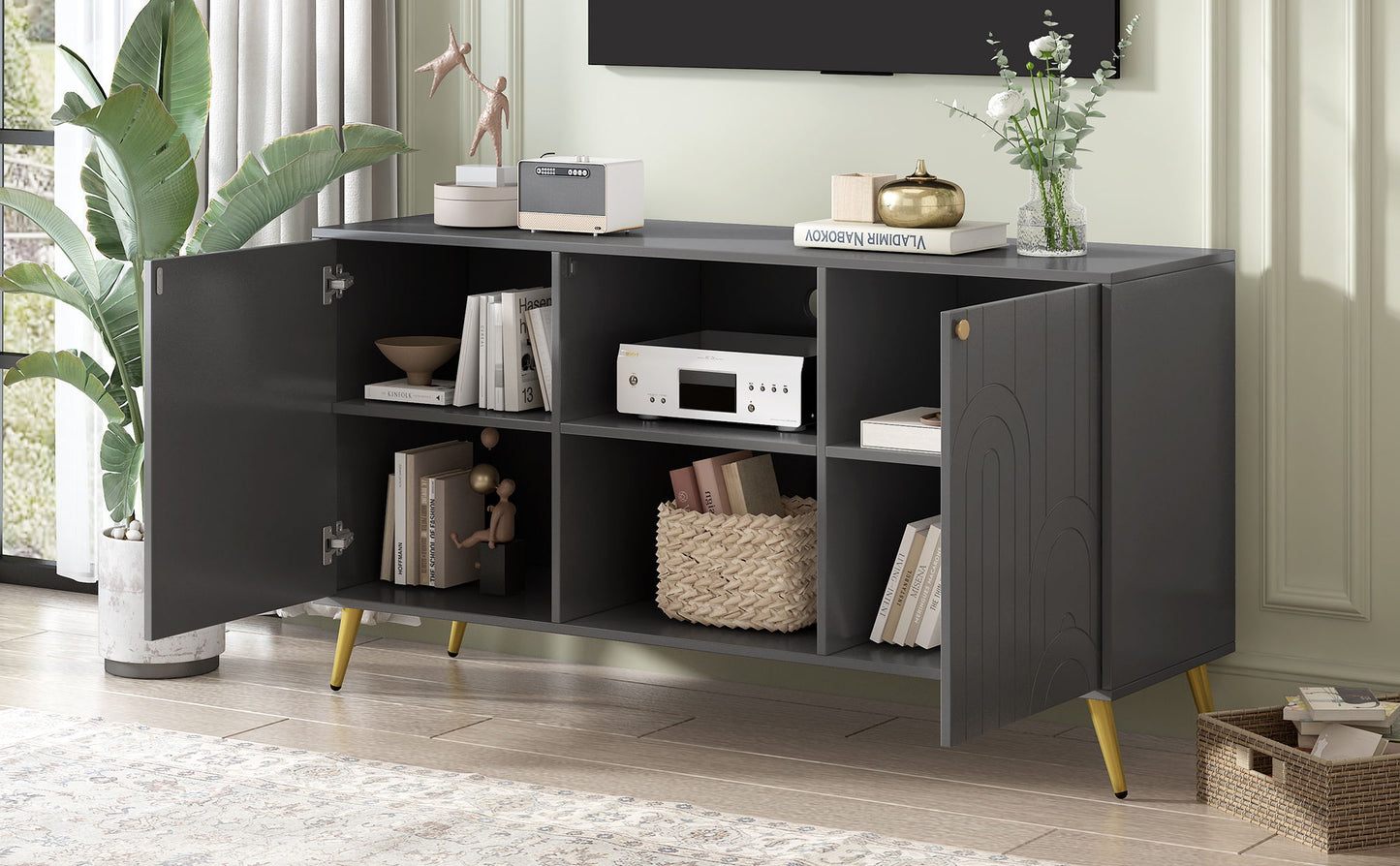 Modern TV Stand For TVs Up To 55", Entertainment Center Media Console, Adjustable Shelf, Metal Legs, Handles And Anti-Tip Device For Living Room - Gray