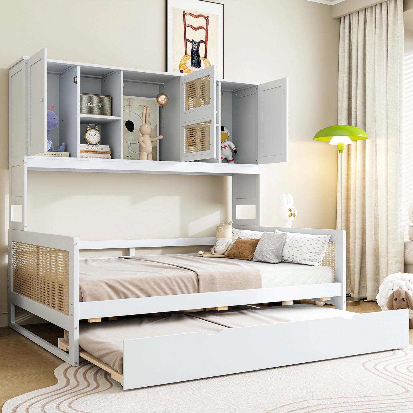 Full Size Wooden Daybed & Twin Size Trundle, And All In One Cabinet And Shelf - White