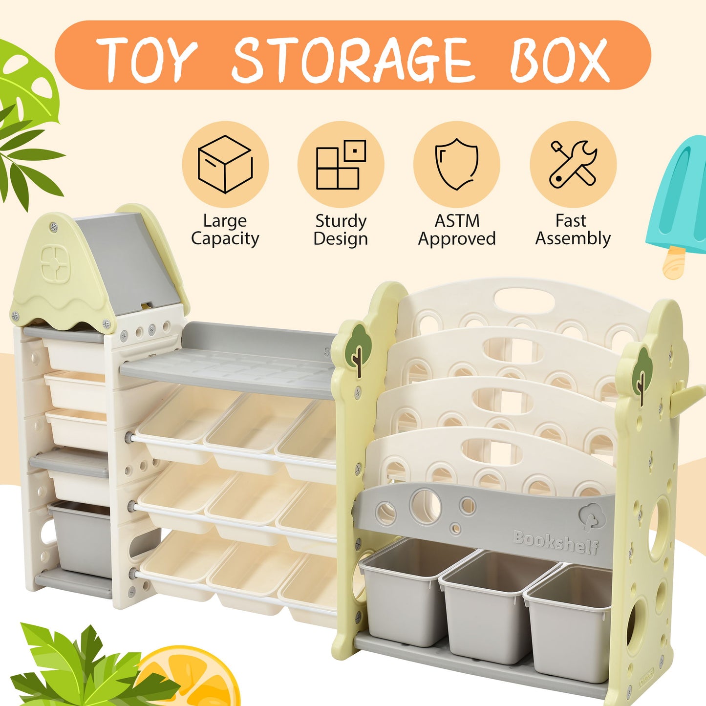 Kids Bookshelf Toy Storage Organizer With 17 Bins And 5 Bookshelves, Multi-Functional Nursery Organizer Kids Furniture Set Toy Storage Cabinet Unit With HDPE SheLF And Bins - Light Green