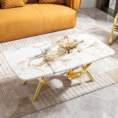 Elegant Stainless Steel Coffee Table With Marble Pattern For Living Room & Office - Gold