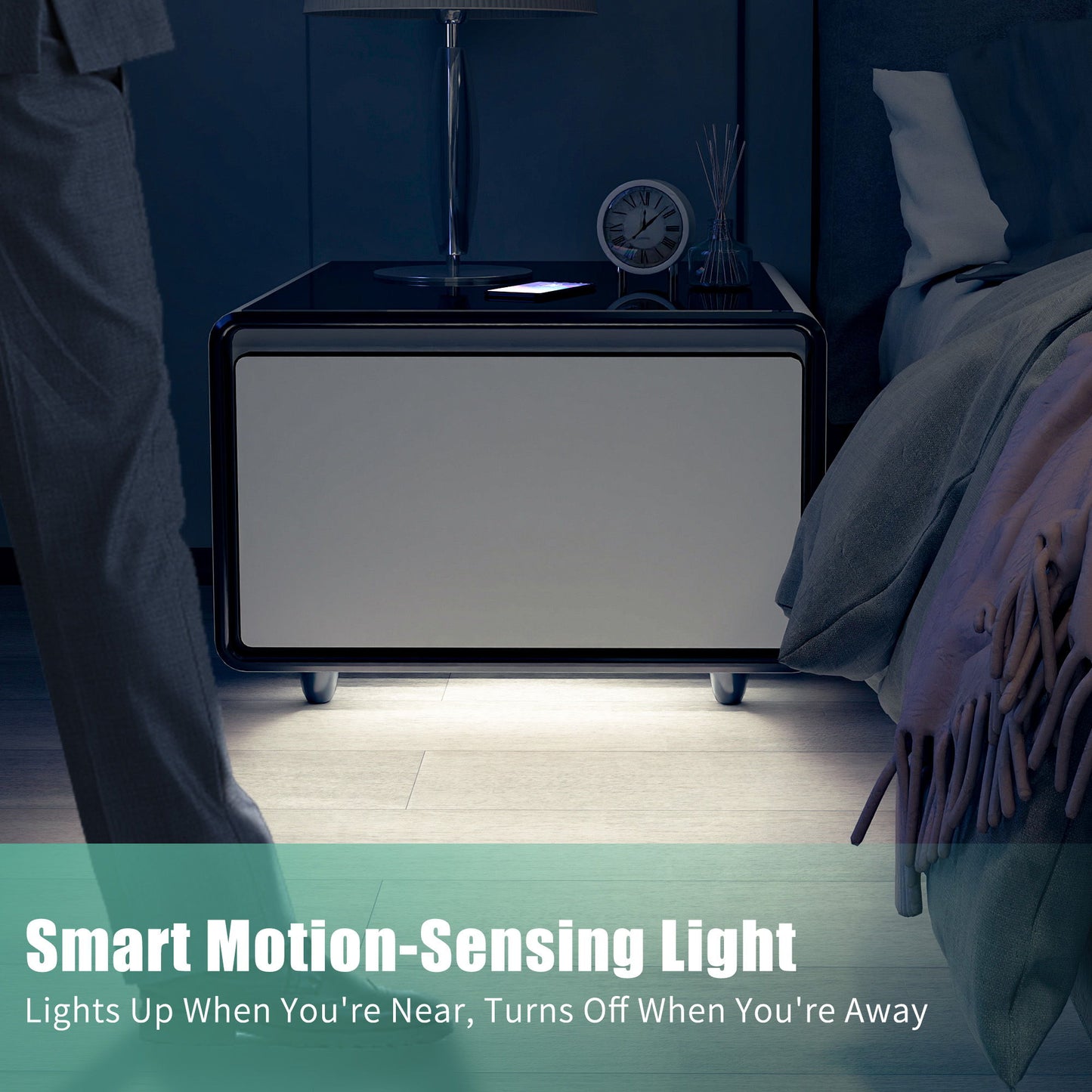 Modern Smart Side Table With Built-In Fridge, Wireless Charging, Temperature Control, Power Socket, USB Ports, Outlet Protection, Induction Light - White
