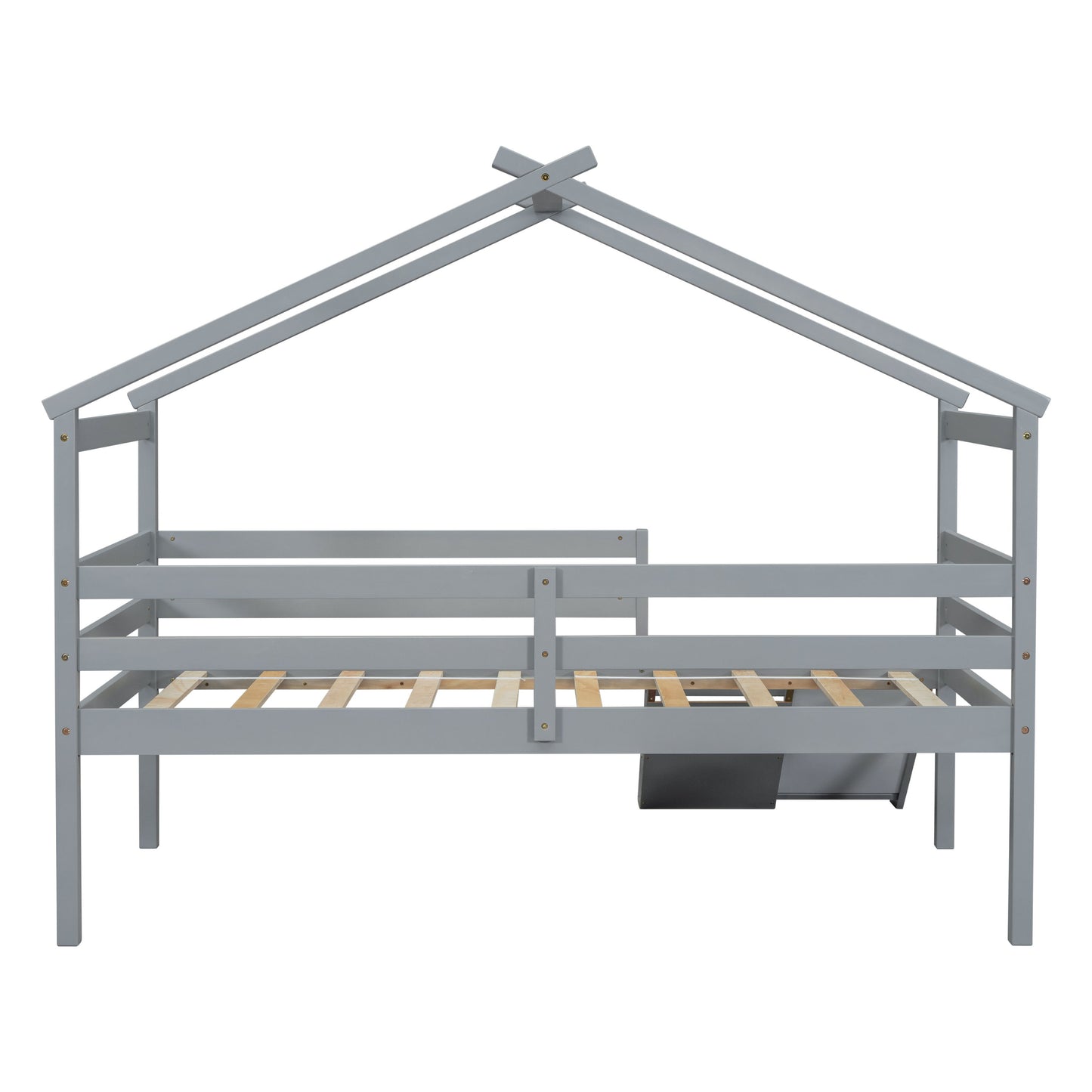 Twin Low Loft House Bed With Slide, Ladder, Safety Guardrails, House Roof Frame - Gray