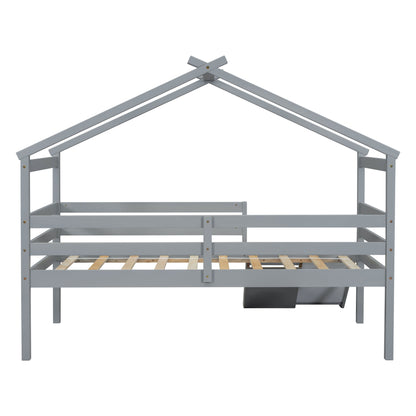 Twin Low Loft House Bed With Slide, Ladder, Safety Guardrails, House Roof Frame - Gray