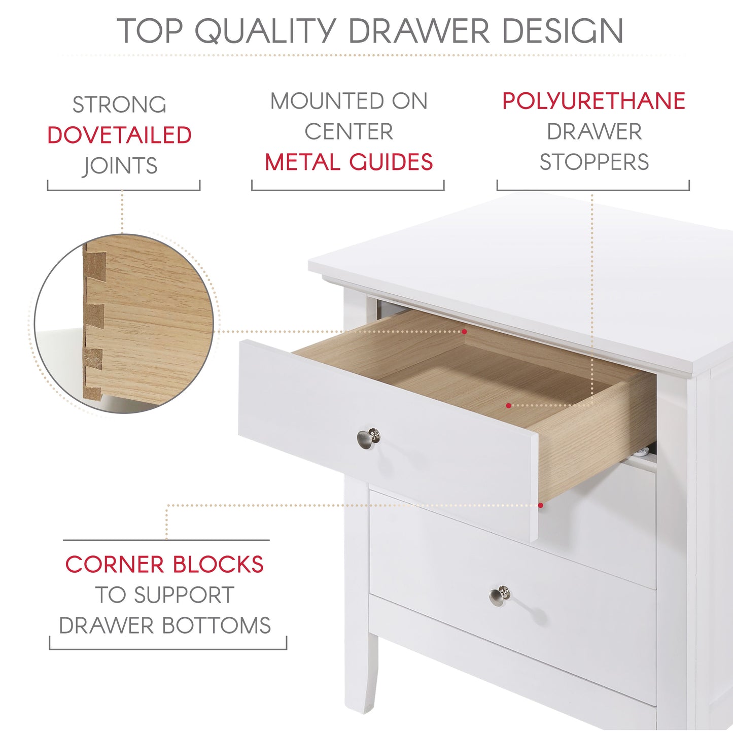 3 Drawer Nightstand - White