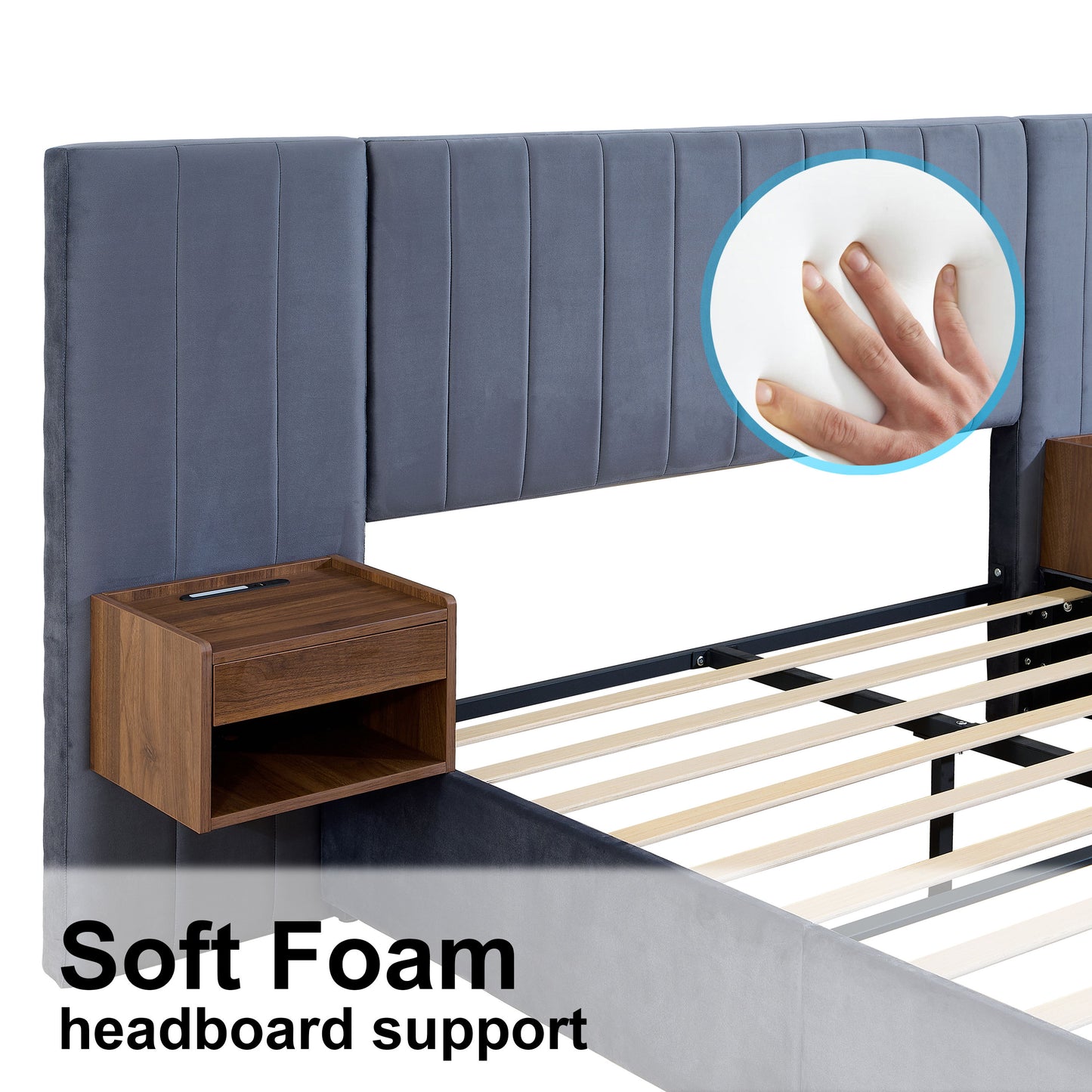 Upholstered Queen Size Bed Frame Of Velvet Tufted Headboard With Floating Nightstand LED / USB Built - Gray