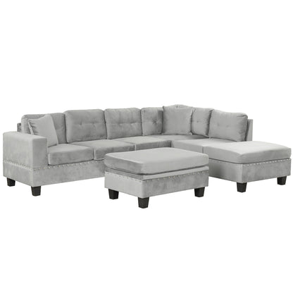 Modern Sectional Sofa With Storage Ottoman, L - Shape Couch With 2 Pillows And Cup Holders - Gray
