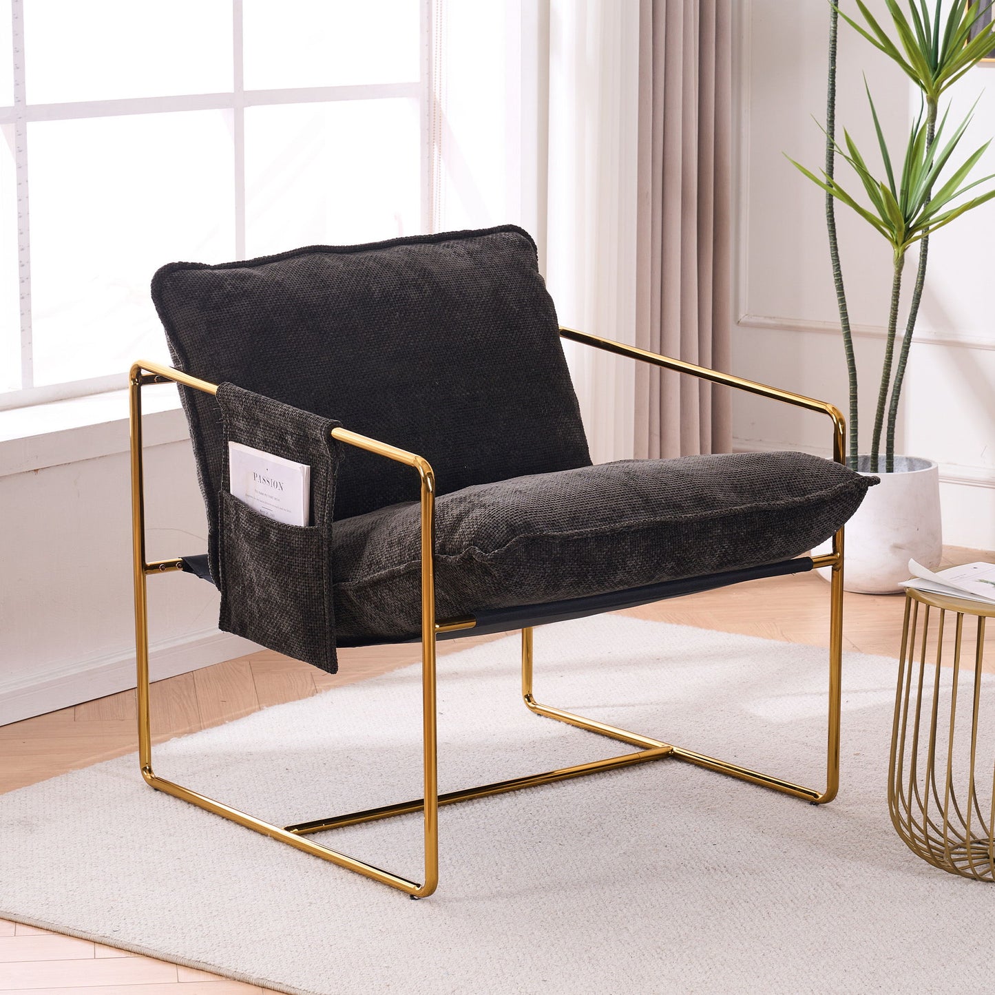 Upholstered Hanging Armchair With Arm Pocketsmetal Frame (Set of 2), Gold-Plated Craftsmanship, Crushed Foam Cushions And Skin-Friendly Woven Fabric For Living Room And Bedroom - Dark Gray