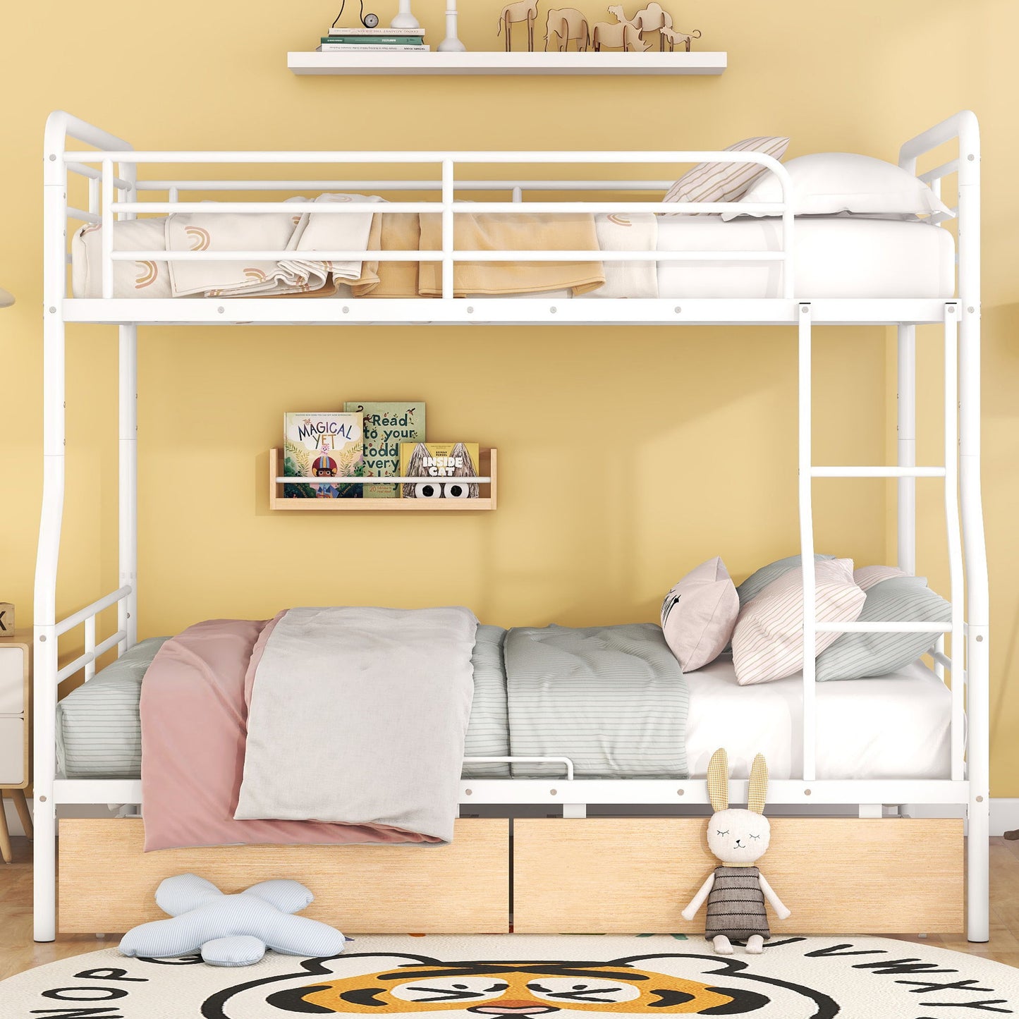 Full Long Over Queen Bunk Bed With 2 Drawers - White