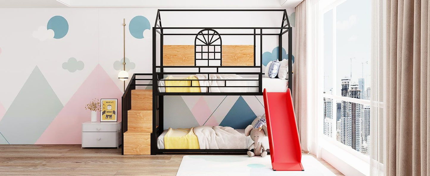 Twin Over Twin Bunk Bed, Housebed With Slide And Storage Stair - Black / Red
