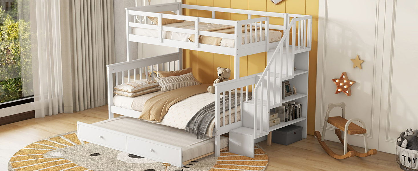 Twin Over Full Bunk Bed With Twin Size Trundle, Storage And Guard Rail For Bedroom - White
