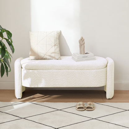 Ottoman Oval Storage Bench, 3D Lamb Fleece Bench With Large Storage Space For The Living Room, Entryway And Bedroom - Cream White