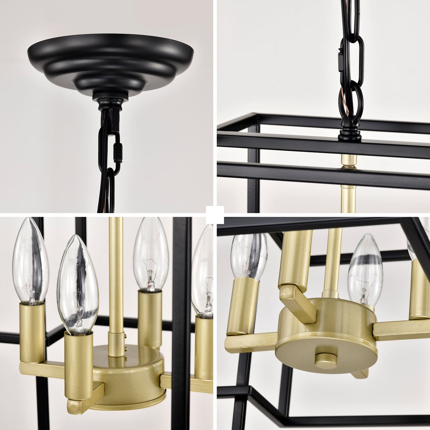 4 Light Metal Lantern Tiered Pendant Hanging Light Fixtures, Industrial Farmhouse Adjustable Height Chandeliers For Dining Room Hallway Foyer Entryway (E12 Bulbs Not Included) - Matte Black / Gold