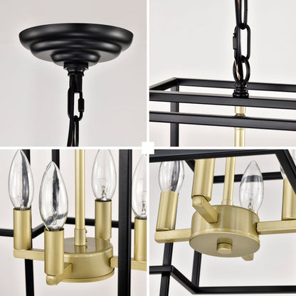 4 Light Metal Lantern Tiered Pendant Hanging Light Fixtures, Industrial Farmhouse Adjustable Height Chandeliers For Dining Room Hallway Foyer Entryway (E12 Bulbs Not Included) - Matte Black / Gold