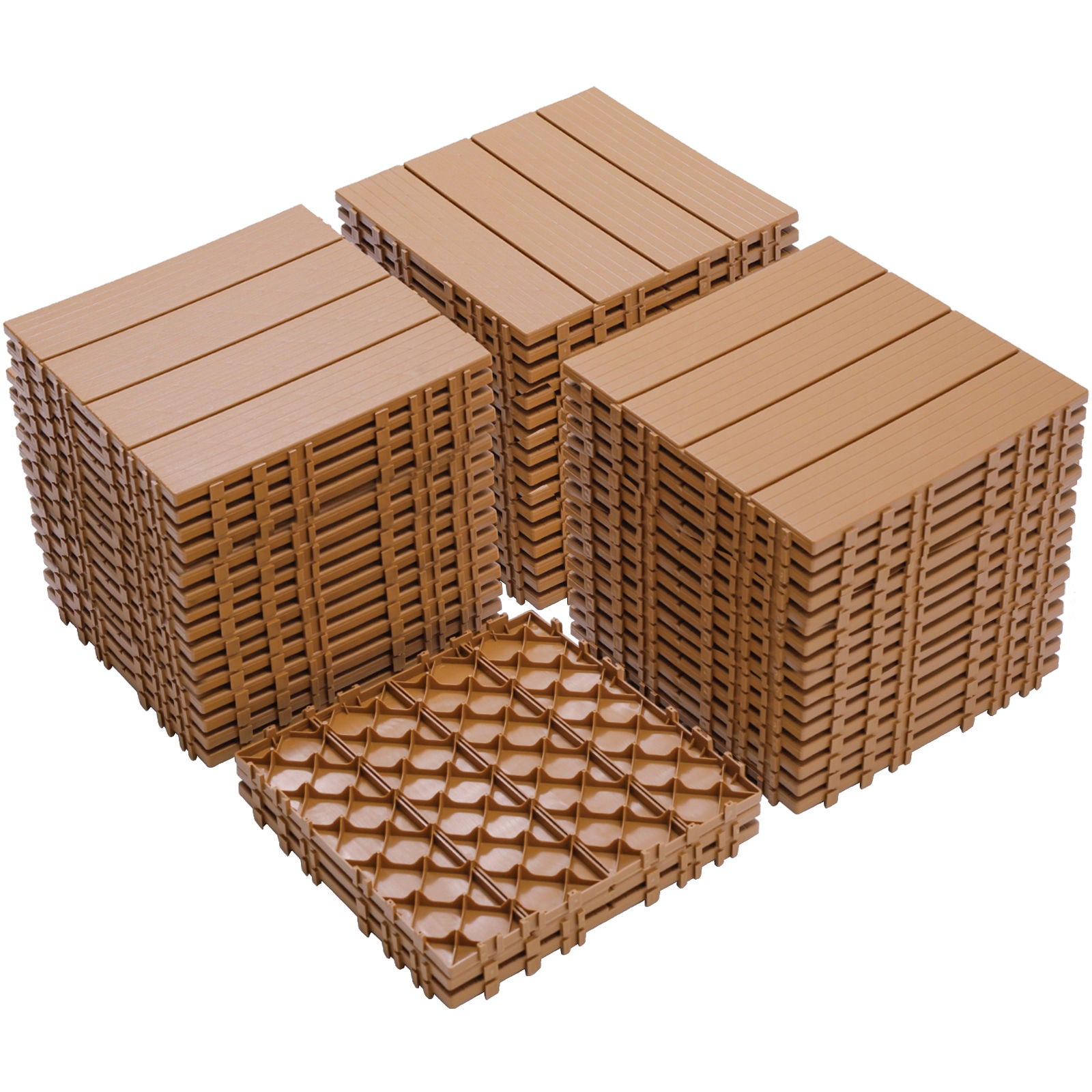 Plastic Interlocking Deck Tiles, (Set of 44), Patio Flooring Outdoor Waterproof All Weather Use For Garden Poolside Front / Back Yard - Burlywood