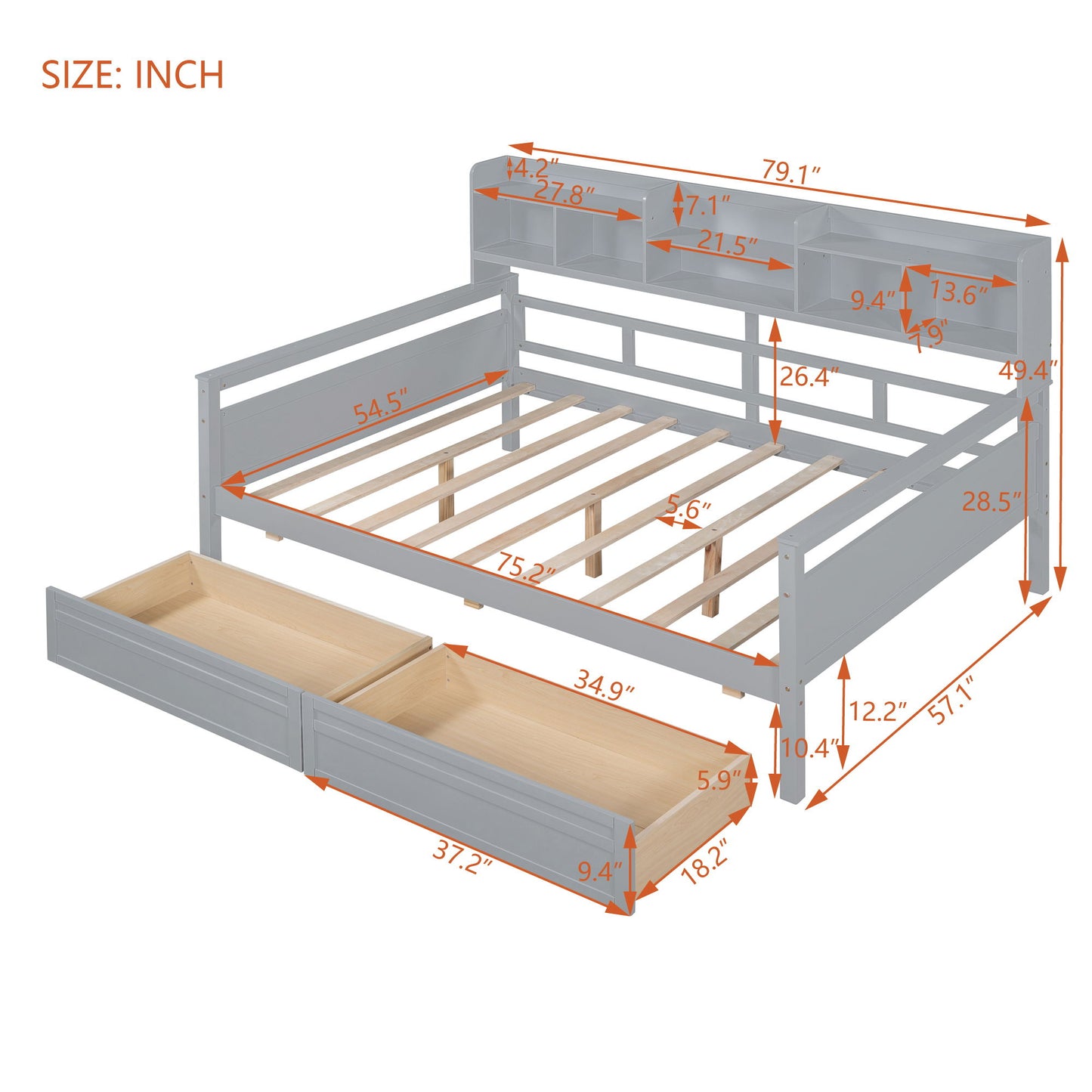 Full Size Daybed, Slat Support, With Bedside Shelf And 2 Drawers - Gray