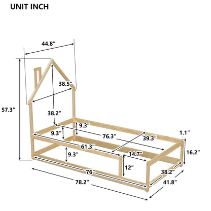 Twin Size Wood Bed With House Shaped Headboard Floor Bed With Fences - Natural