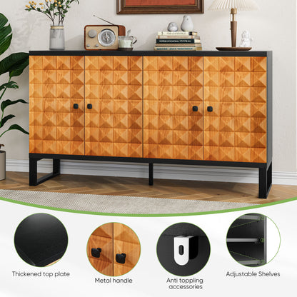 Modern Buffet Cabinet With Storage Space, Retro Style 4 Door Wooden Storage Cabinet, Multifunctional Decorative Cabinet With Geometric Patterns, Suitable For Living Room, Dining Room, Entrance - Orange / Yellow