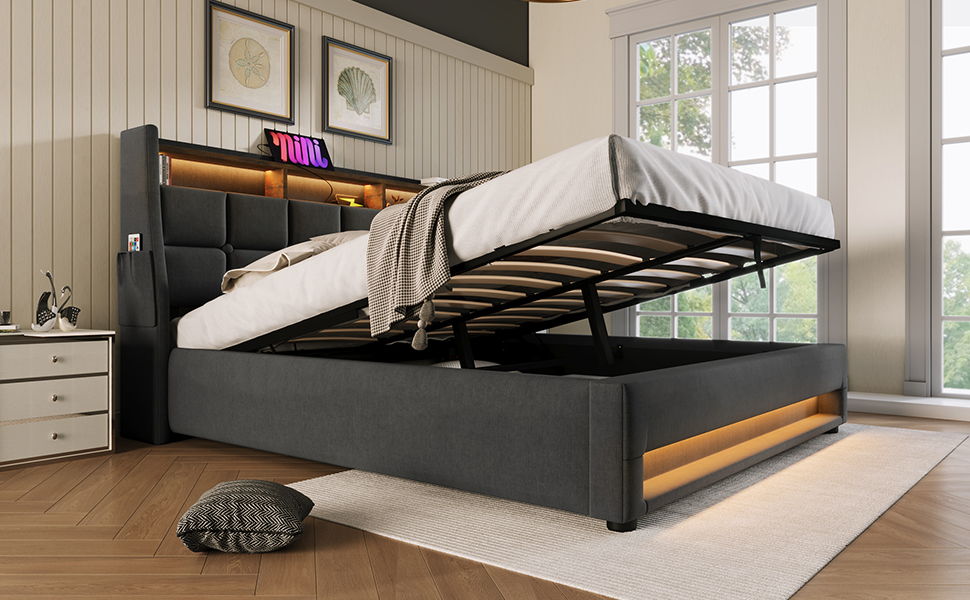 Full Size Upholstered Platform Bed With A Hydraulic Storage System, LED And USB Charging (Without Mattress) - Gray