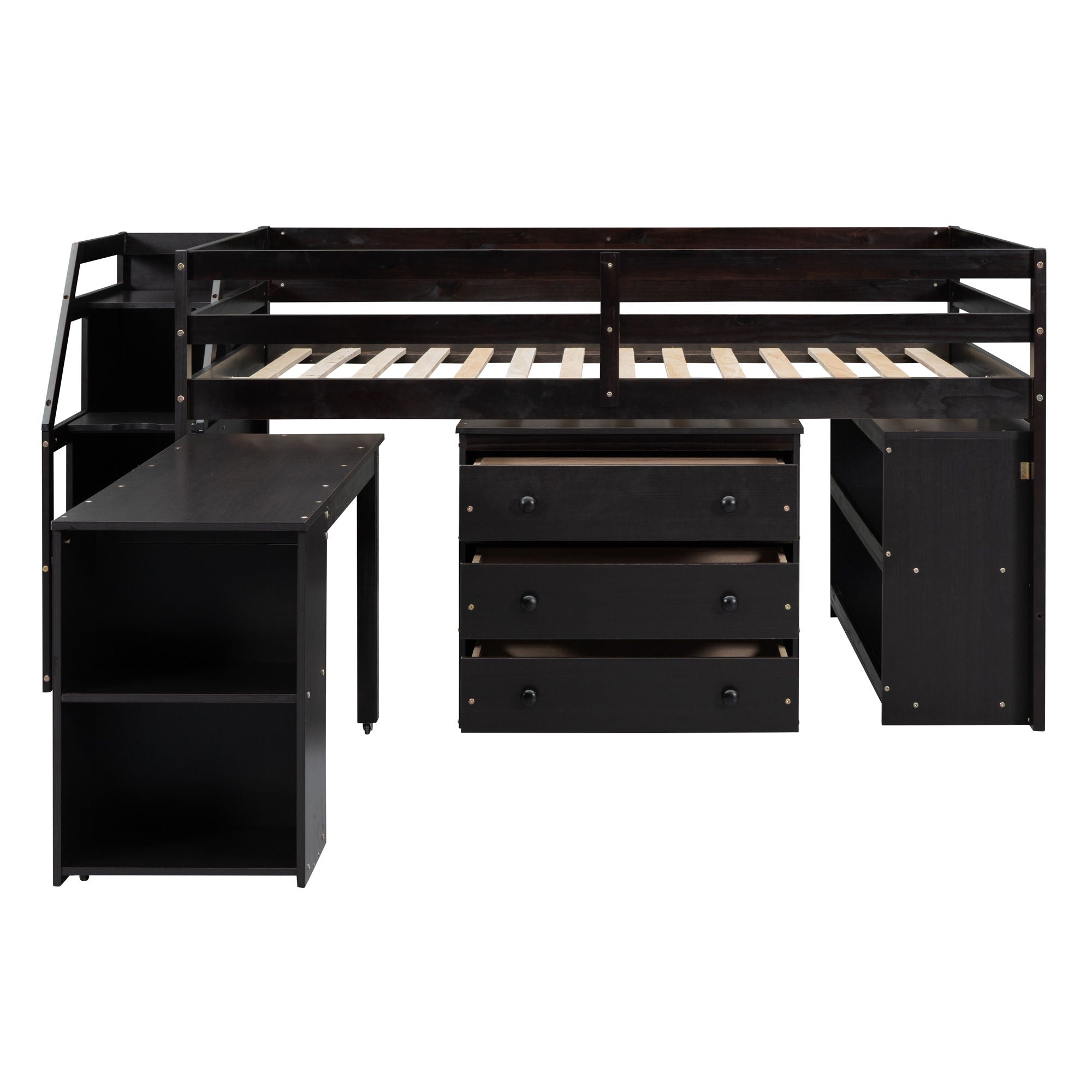 Full Size Loft Bed With Retractable Writing Desk And 3 Drawers With Storage Stairs And Shelves - Espresso