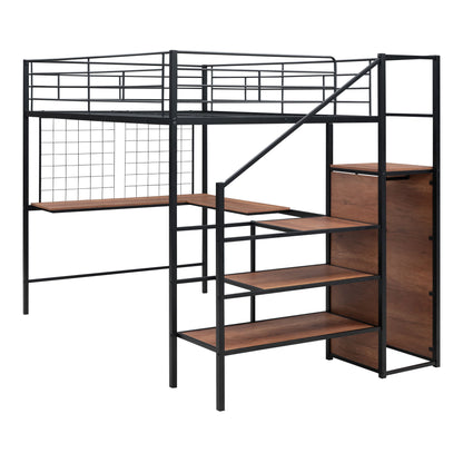 Full Size Loft Bed With Desk And Grid, Stylish Frame With Lateral Storage Ladder And Wardrobe - Black