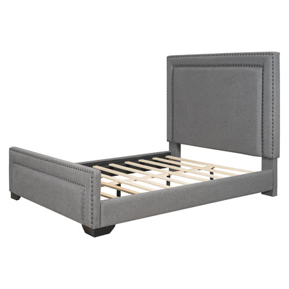 Queen Size Upholstered Bed With Slats Support, No Box Spring Needed - Gray