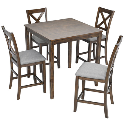 5 Piece Dining Table Set, Wooden Dining Square Table Set For 4, Counter Height Kitchen Table Set With Square Table And 4 Upholstered Chairs For Small Space - Walnut