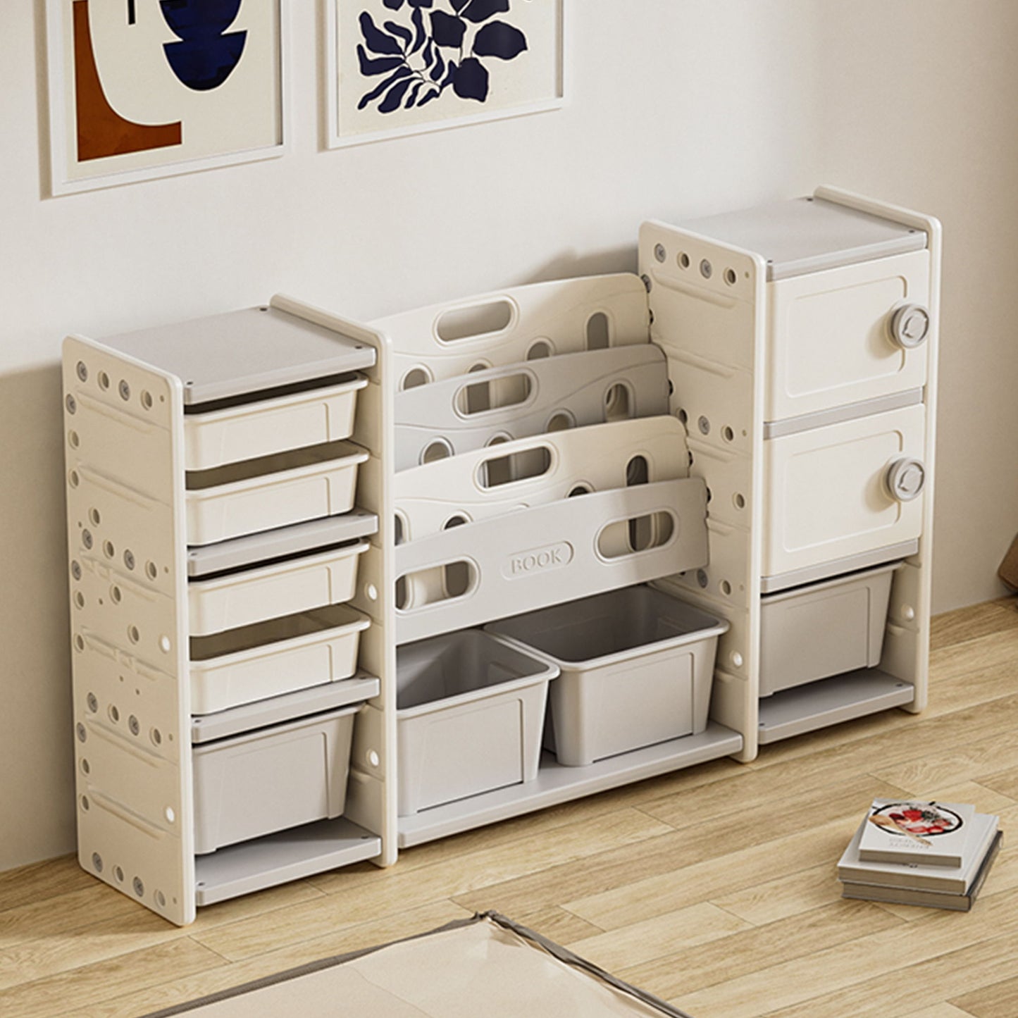 Kids Toy Storage Organizer With 8 Removable Toy Bins, 4 Tier Bookshelf, And 2 Cabinet Storage - Gray / Ivory