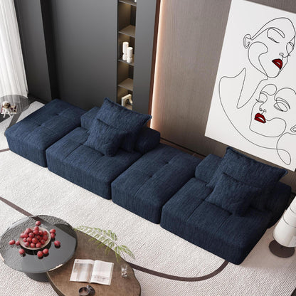 Modern Oversized Modular Sectional Sofa With 2 Ottoman And 2 Seat, Sparkling Chenille Fabric Soft Cushion Sofa With 4 Pillows, 4 Pieces Diy Combination Tufted Sofa, No Assembly Required - Blue