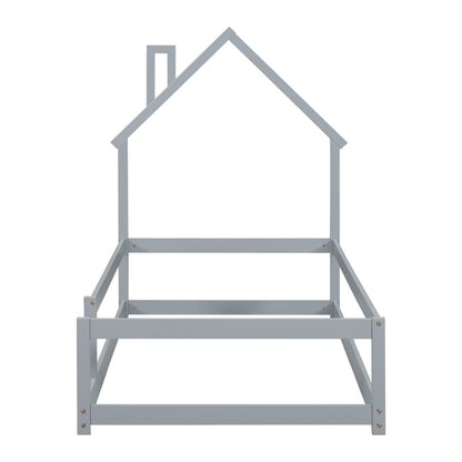 Twin Size Wood Bed With House-Shaped Headboard Floor Bed With Fences - Gray