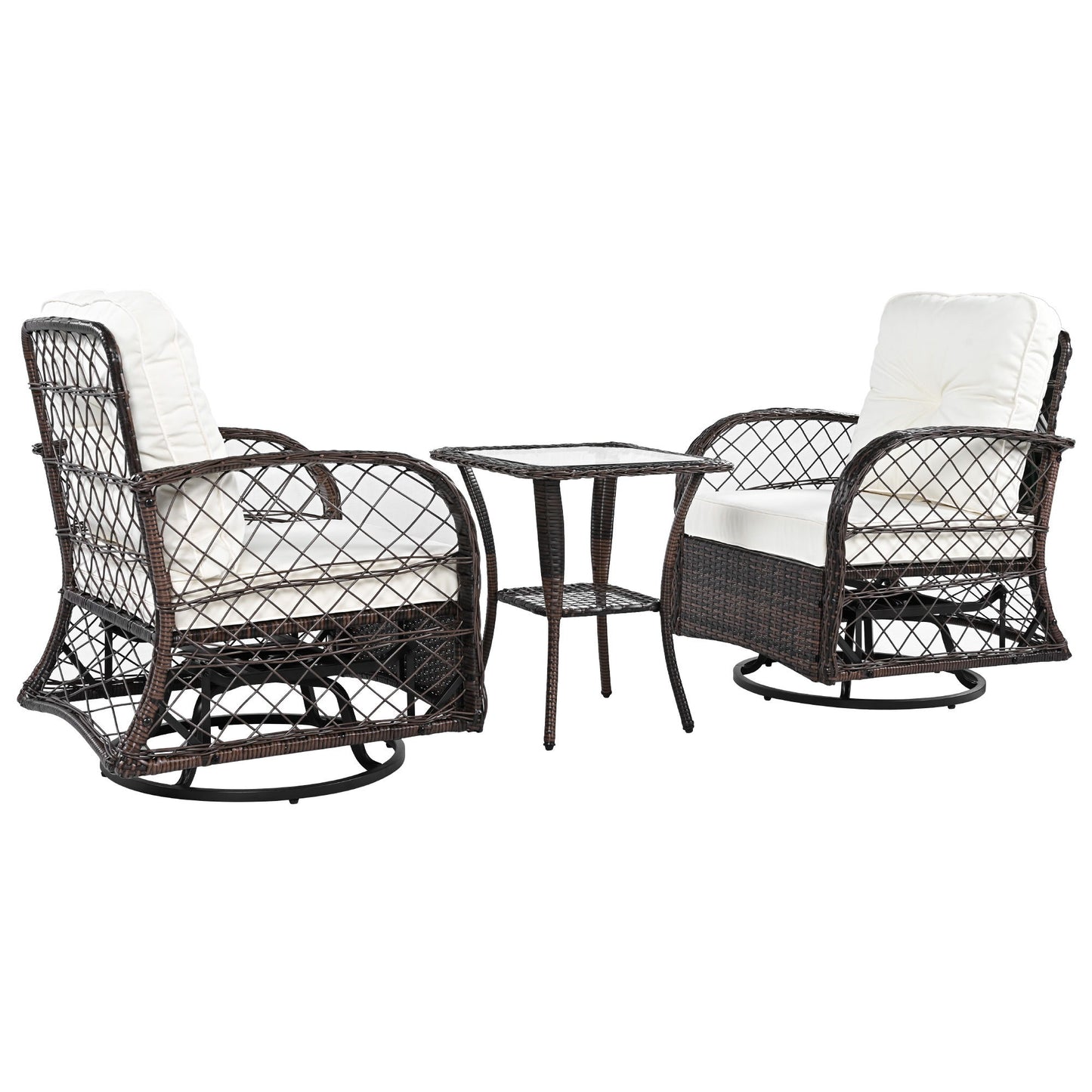 3 Piece Outdoor Chair & Table Set Chat Set 2 Person Rattan Seating Group With 2 Swiveling And Rocking Chairs And A Square Table For Garden, Patio, Or Balcony - Brown