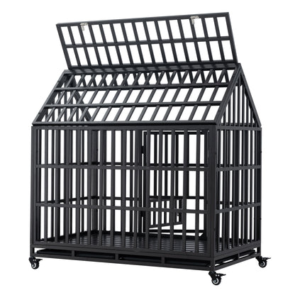Heavy Duty Dog Cage Pet Crate With Roof & Window On Roof - Black