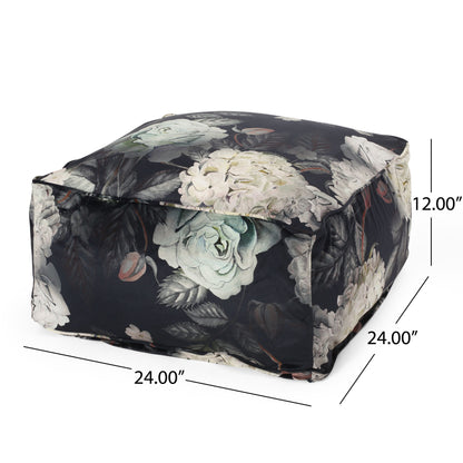 Hazel - Large Square Pouf, Versatile Ottoman Or Floor Cushion, Flower Print - Black
