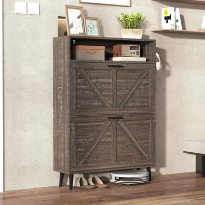 Farmhouse Shoe Storage Cabinet With Barn Door Design, 2 Flip Drawers, Hooks - Dark Oak