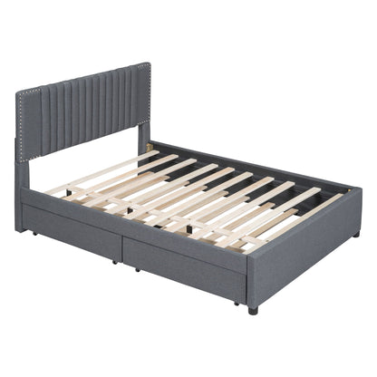 Full Size Upholstered Platform Bed With 2 Drawers And 1 Twin Size Trundle, Classic Headboard Design - Gray