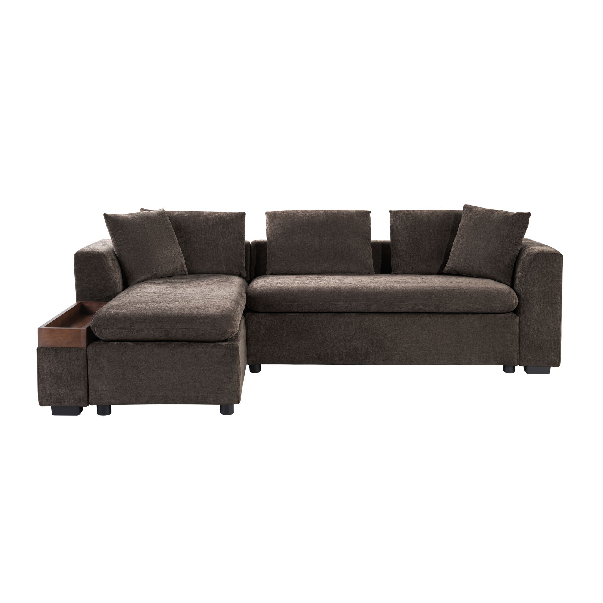 Elegant L Shaped Sectional Sofa With Chenille Upholstery And Wooden Storage Compartment - Brown
